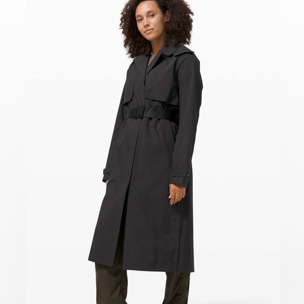 Black Lulu trench coat size medium with snap on hood. Like new quality.